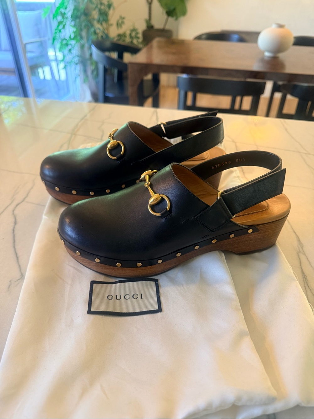 Gucci Black Leather Horsebit Backstrap Clogs with Wood Platform